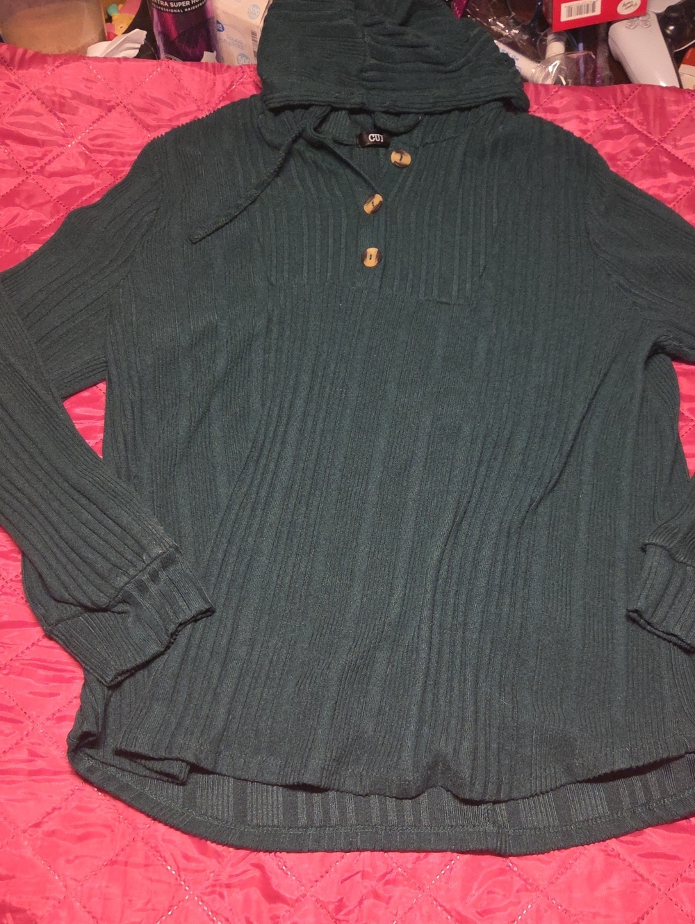 Men's Ribbed Zip-Up Hoodie Sweater - Dark Green